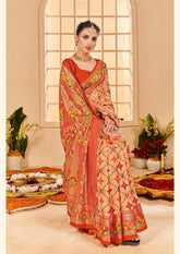 Pastel Orange Cotton Silk Ikkat Print Saree-3847